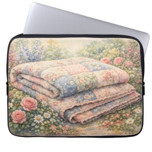 Cottagecore Floral Patchwork Quilt Watercolor Laptop Sleeve