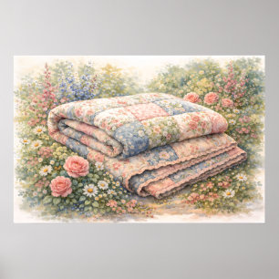 Cottagecore Floral Patchwork Quilt Watercolor Poster