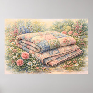 Cottagecore Floral Patchwork Quilt Watercolor Poster