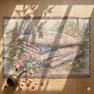 Cottagecore Floral Patchwork Quilt Watercolor Throw Blanket
