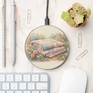 Cottagecore Floral Patchwork Quilt Watercolor Wireless Charger