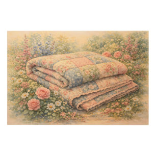 Cottagecore Floral Patchwork Quilt Watercolor Wood Wall Art