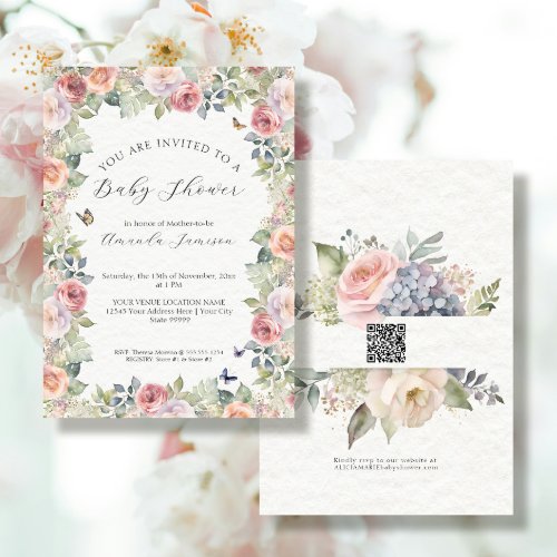 Cottagecore Floral Pink Roses n Butterflies Girl Invitation