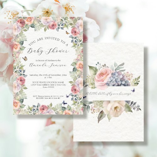 Cottagecore Floral Pink Roses n Butterflies Girl Invitation