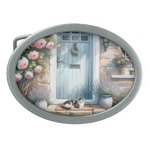Cottagecore Floral Porch with Calico Cat Belt Buckle