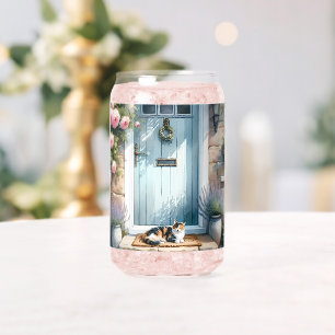 Cottagecore Floral Porch with Calico Cat Can Glass