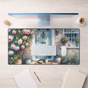 Cottagecore Floral Porch with Calico Cat Desk Mat