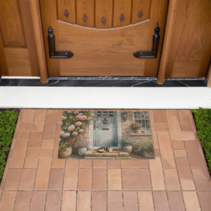 Cottagecore Floral Porch with Calico Cat Fiber Doormat