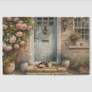 Cottagecore Floral Porch with Calico Cat Fiber Doormat
