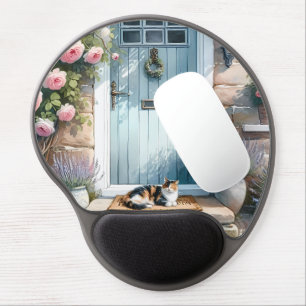Cottagecore Floral Porch with Calico Cat Gel Mouse Pad