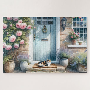 Cottagecore Floral Porch with Calico Cat Jigsaw Puzzle