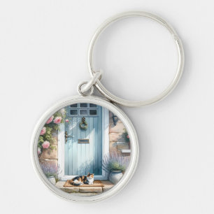 Cottagecore Floral Porch with Calico Cat Keychain