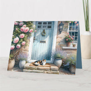Cottagecore Floral Porch with Calico Cat Letterpress Thank You Card