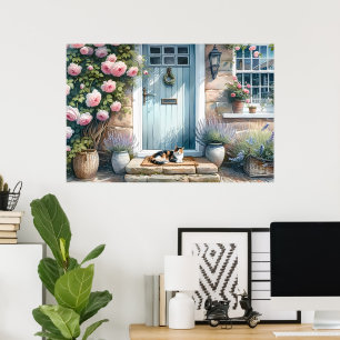 Cottagecore Floral Porch with Calico Cat  Poster