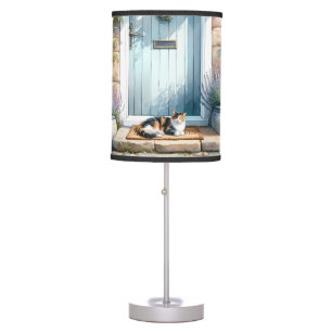 Cottagecore Floral Porch with Calico Cat Table Lamp