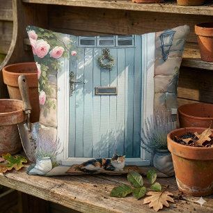 Cottagecore Floral Porch with Calico Cat Throw Pillow