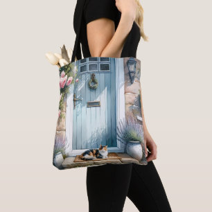 Cottagecore Floral Porch with Calico Cat Tote Bag