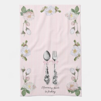 Cottagecore Floral Spoon Fork Pink Ticking Kitchen Towel by HydrangeaBlue at Zazzle