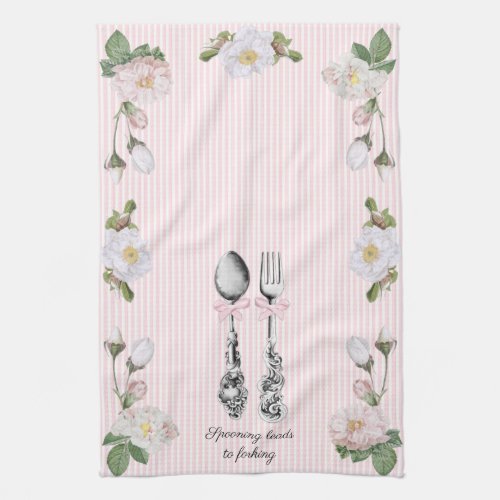 Cottagecore Floral Spoon Fork Pink Ticking Kitchen Towel