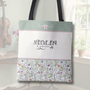 Cottagecore Floral Violin Sage Green Musician Tote Bag