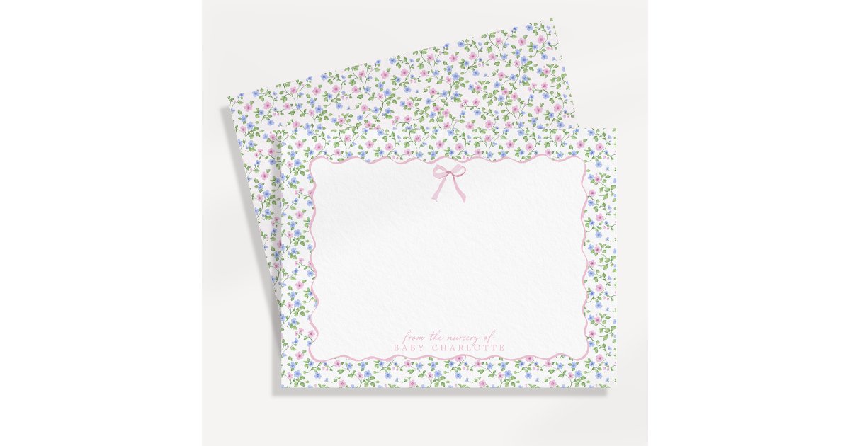 Cottagecore Floral Wavy Frame Pink Bow Note Card | Zazzle