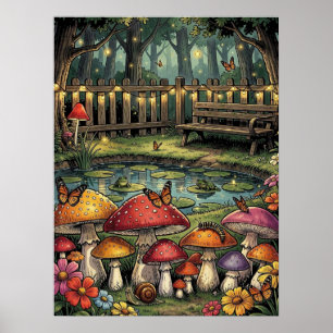 Cottagecore Forest Scene Whimsical Mushrooms Poster