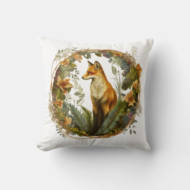 Cottagecore Fox Vintage Throw Pillow (Front)