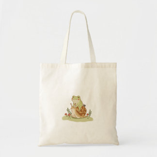 Cottagecore Frog and Snail Friendship Illustration Tote Bag