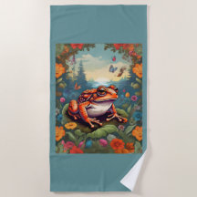 Cottagecore Frog Beach Towel - Colorful Vintage 