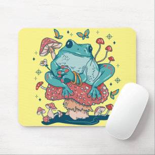 Cottagecore frog on mushroom house mouse pad