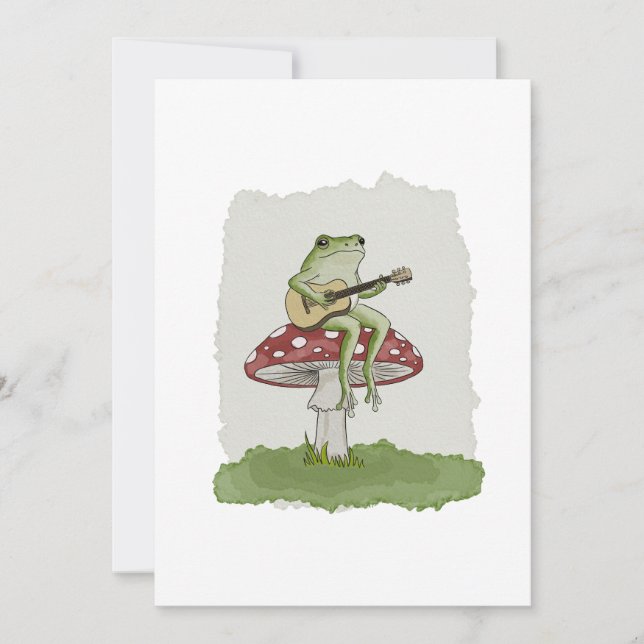 Cottagecore Frog Playing Guitar on Mushroom Art Invitation (Front)