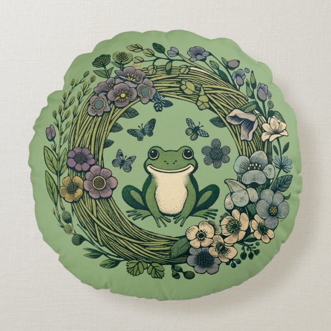 Cottagecore Frog Wildflowers                       Round Pillow (Front)