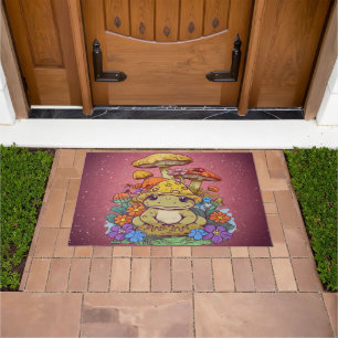 Cottagecore Frog with Flowers and Mushrooms Doormat