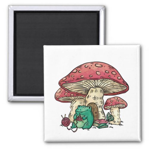 Cottagecore frog with mushroom house magnet