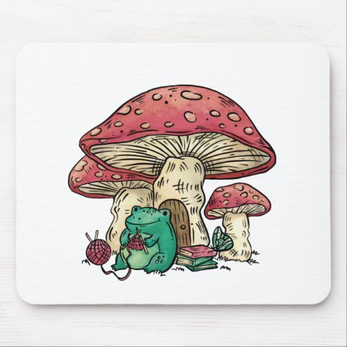 Cottagecore frog with mushroom house mouse pad