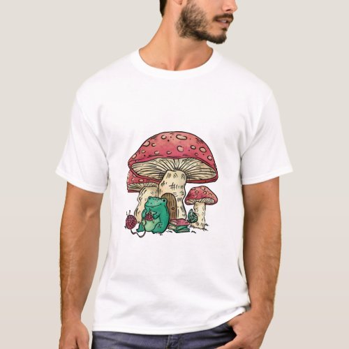 Cottagecore frog with mushroom house T_Shirt