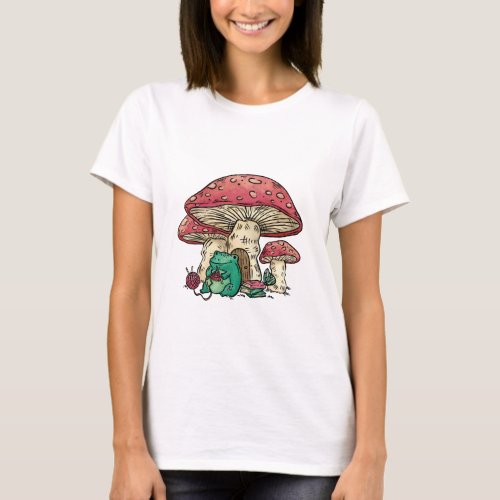 Cottagecore frog with mushroom house T_Shirt