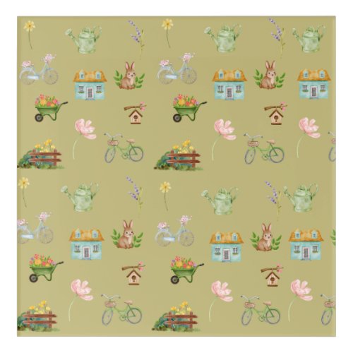 Cottagecore Garden Watercolor Collage with Bicycle Acrylic Print