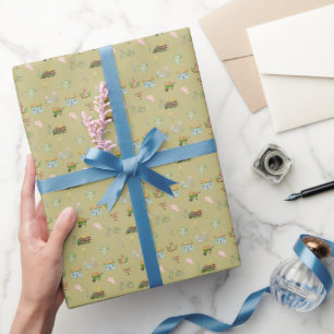 Cottagecore Garden Watercolor Collage with Bicycle Wrapping Paper