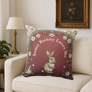 Cottagecore Greenery Burgundy Some Bunny Loves Me Throw Pillow