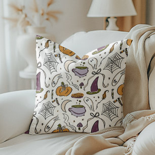 Cottagecore Halloween Illustrated Pattern Throw Pillow