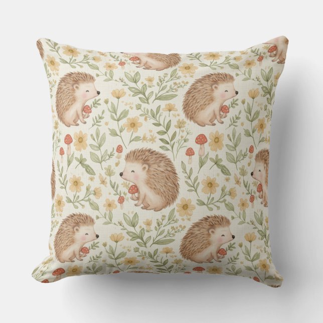Cottagecore Hedgehog Throw Pillow (Front)