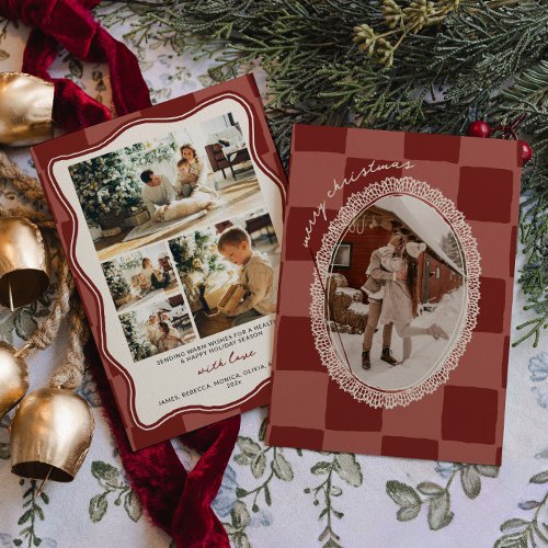 Cottagecore Lace Checkered Christmas Photo Card