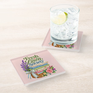 Cottagecore Laundry Lavender Floral Linens Glass Coaster