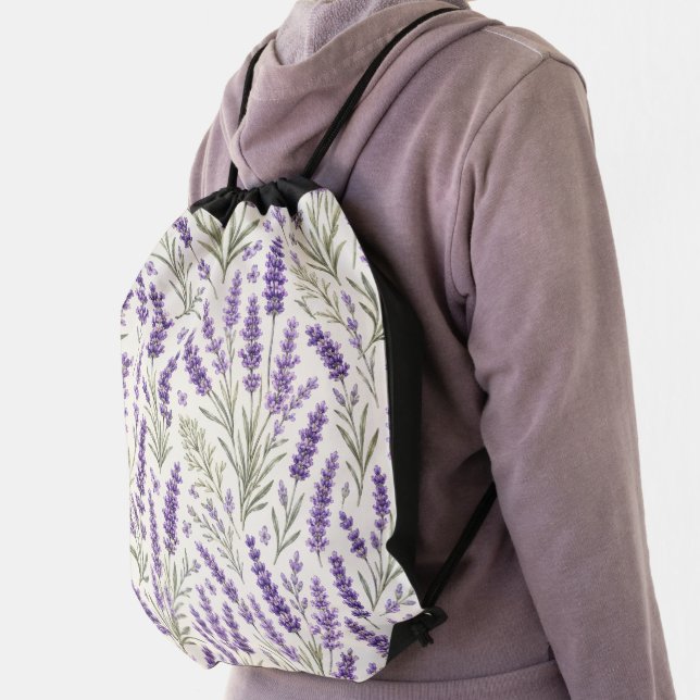 Cottagecore Lavender Sprig Botanical Drawstring Bag (Insitu)