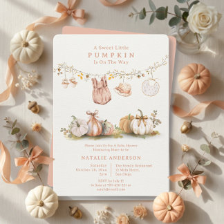 Cottagecore Little Pumpkin Clothesline Baby Shower Invitation