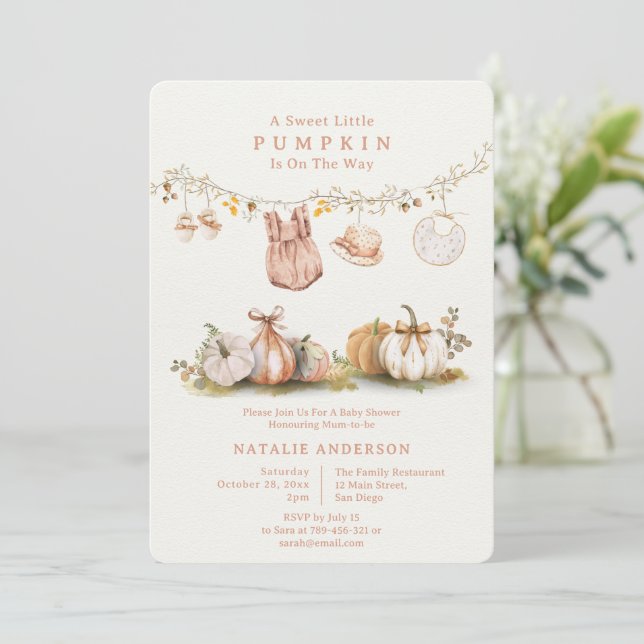 Cottagecore Little Pumpkin Clothesline Baby Shower Invitation (Standing Front)