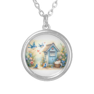 Cottagecore Love Letters Bluebird Mailbox Silver Plated Necklace