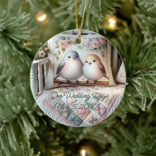 Cottagecore Lovebird Floral Quilt Scene Ceramic Ornament