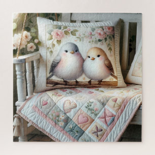 Cottagecore Lovebird Floral Quilt Scene Jigsaw Puzzle